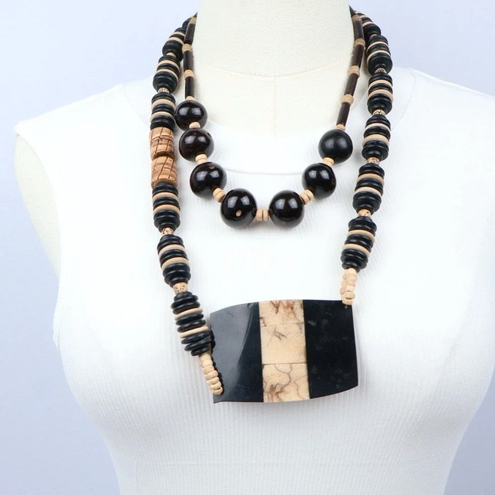 Boho Tribal Style Ethnic Wood Statement Chunky Jewelry Lot (16) Black Brown - Picture 4 of 12